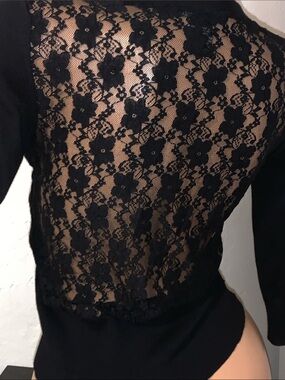 Sweater Project Black Lace Button-Down Crop Cardigan Sweater top 3/4 sleeve